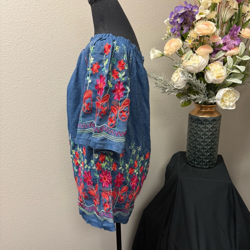 SIRE XL Denim Peasant Top Boho Embroidered Floral Festival Tunic - Picture 2 of 8